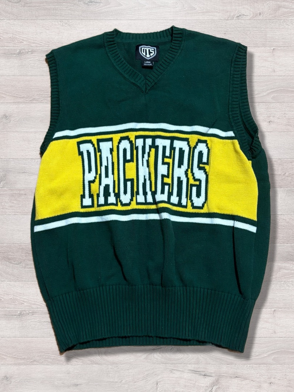 Green Bay Packers Men's L NFL Sweater Vest V-Neck OTS Wordmark Forest Green
